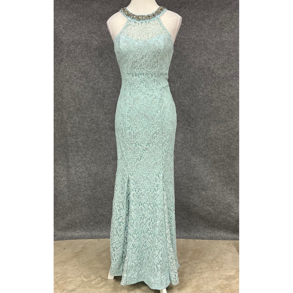 Sequin Hearts Light Blue Lace Beaded Halter Mermaid Formal Prom Dress Size 7